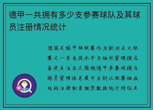 德甲一共拥有多少支参赛球队及其球员注册情况统计