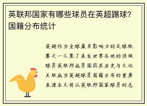 英联邦国家有哪些球员在英超踢球？国籍分布统计
